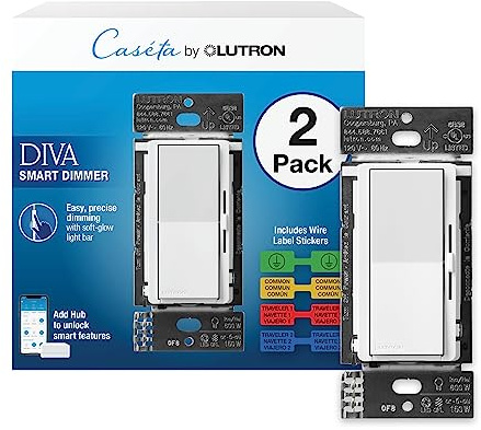 Lutron Diva Smart Dimmer Light Switch for Caseta Lighting (Lutron Smart Hub Required), for LED Lights, 150W, Single-Pole/3-Way, No Neutral, White, 2 Pack (DVRF-6LS-WH-2)