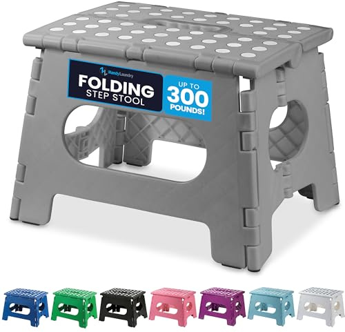 Handy Laundry Folding Lightweight Step Stool - Sturdy Enough to Support Adults - Opens Easy with One Flip - Great for Kitchen, Bathroom or Bedroom (Grey - 9 Inch)