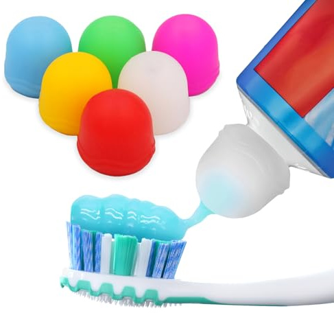 Toothpaste Caps 6 Pack, SqueezMe by Chrome Cherry, Self-Closing, Silicone Caps, Mess-Free Toothpaste Dispenser Squeezer Lids for Kids, Adults, Bathroom Accessories for Tooth and Gum Health (MixColour)