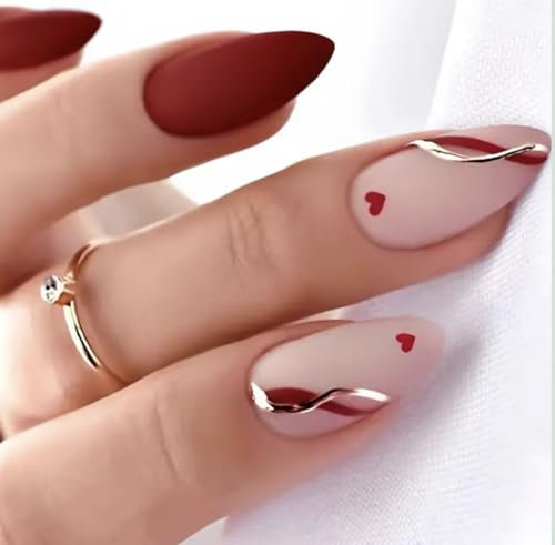 Valentine Nails, Red Press on, Heart Stick on Nails, Fake Set of 24.