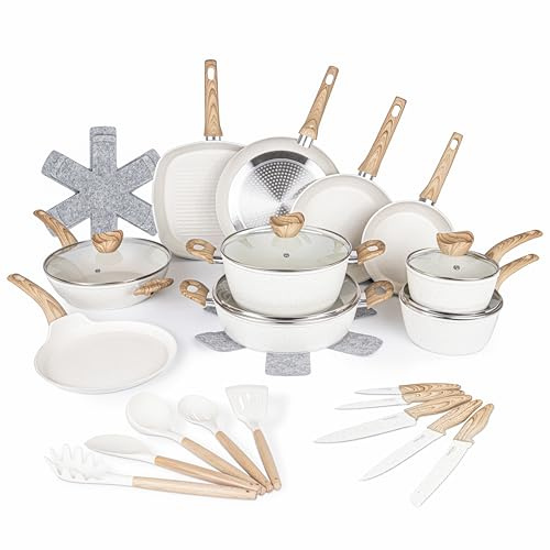 Nuovva Cream Non Stick 35pcs Kitchen Cookware Set – Induction Hob Compatible – Pots, Pans, Saucepans & Frying Pans with Lids – Includes Kitchen Knife Set