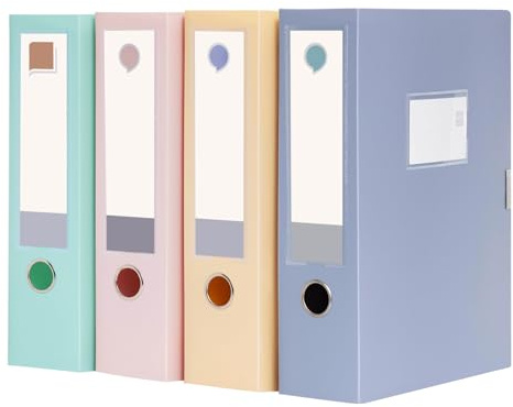 komstuon Box Files A4, 4 Pack Box File, 75mm Spine, Colored Plastic Filing Boxes for Paperwork, Folding Document Storage Organiser for Office School Home (Light Colours)
