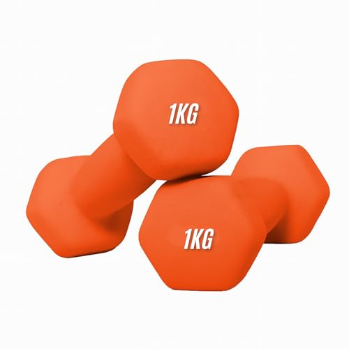 Neoprene Dumbbells 1KG x 2 Weights Iron Hand Aerobic Workout Fitness Gym | Comfortable To Hold and Soft on Floors Excellent Fitness Accessories For Toning and Strength Workouts - Orange