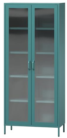 Jan Nowak 2-türiger Vitrinenschrank - Angelo | 80 x 185 x 45 cm | 4 Verstellbare Ablagen, Gehärtetes Glas, Wandmontage | Glasvitrine Stehend, Vitrine Glas, Wohmzimmerschrank Glitzernd | Marine