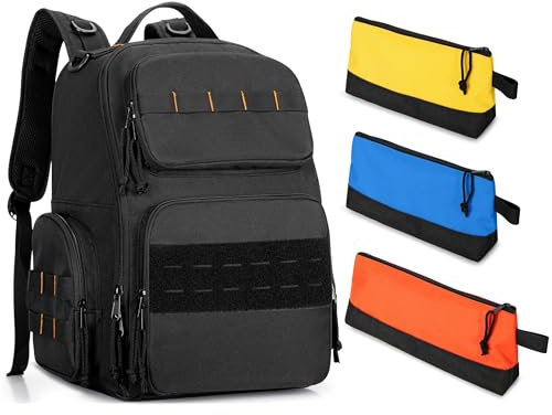 Rexmica Tactical Tool Backpack with 3 Zipper Pouches, Tool Storage Work Bag with Padded Support for Men, Heavy-Duty Tool Organiser Bag Carrier for Repairman, Electrician, Handyman, Black