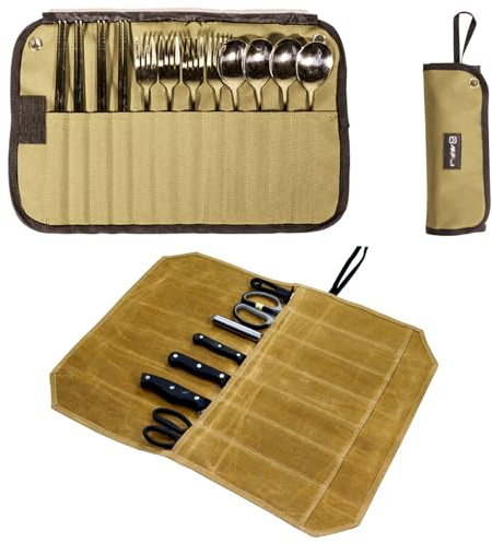 GCFTIFF 2pcs Camping Utensil Bag, Knife Roll Bag,Portable Knives Pouch,Canvas Roll Up Culinary Tableware Storage,Picnic Cutlery Organizer Bag,Cooking Utensils Hanging Bag,Travel Cutlery Pouch