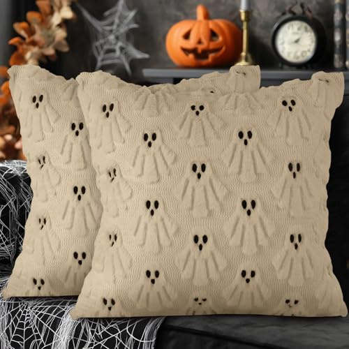 Lanpn 18x18 Halloween Ghost Cushion Cover Set of 2, Cute Little Ghost Throw Pillow Cases Soft Plush 45 x 45 cm Throw Pillow Covers for Indoor Home Bedroom Couch Sofa Decor (Style B, Beige)