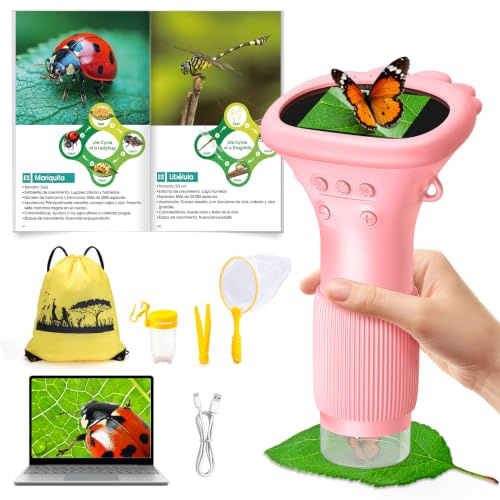 Microscope Numérique pour Enfants avec Écran IPS 2.0 Pouces, USB Rechargeable, 8 Lumières LED, Grossissement 1000x, Microscope Portable de Poche, Cadeau Garcon Fille 3-12 Ans - Rose