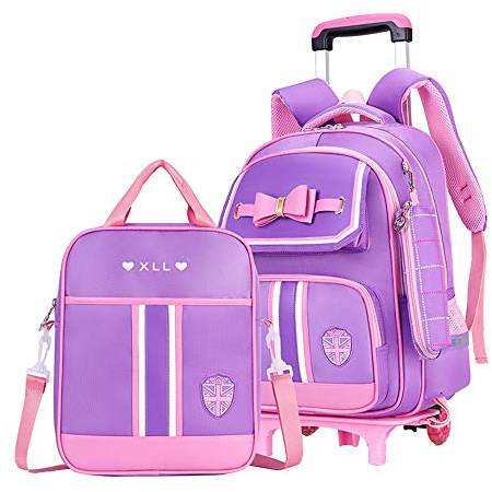Rolling Backpack for Girls Cute Trolley Bags Primary School Bookbags with Wheels Kids Carry-On Wheeled Backpack with Lunch Bag