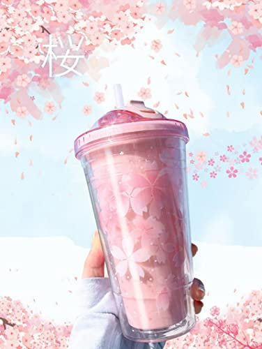 16 oz Cute Water Bottle with Straw and Lid, Glitter Double Wall Water Bottle with Straw Kawaii Cup Cherry blossoms Water Bottle Kawaii Cups for Gifts (Pink)