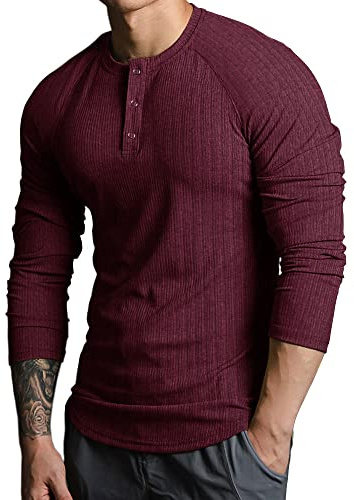 Lehmanlin Henley a Maniche Lunghe,Maglia Termica, Camicie Muscolari Cotone Slim Fit (Rosso/M)