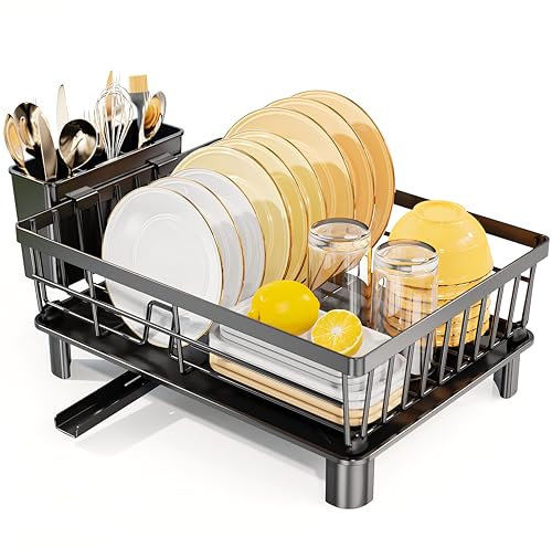 LIONONLY Egoutoire Vaisselle Cuisine, Égouttoir Vaisselle avec Plaque de Drainage,Acier Inoxydable Égouttoir Vaisselle avec Porte-Ustensiles et Buse Rotative,Séchoir à Vaisselle Rangement