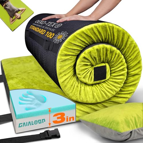 Gaialoop 3 Inch Memory Foam Camping Mattress, Dual Layer Thick Sleeping Camp Pad for Car Tent Cot, Roll-Up Portable Glamping Floor Bed for Guests Sleepover[Twin: 75 * 38 * 3]
