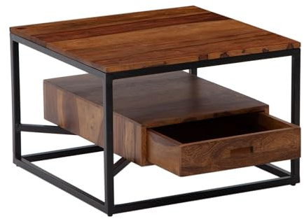 Wohnling Couchtisch 60x60x40 cm Sheesham Massivholz/Metall Sofatisch Quadratisch, Design Wohnzimmertisch Kaffeetisch Massiv mit Schublade, Kleiner Tisch Beistelltisch Wohnzimmer Modern