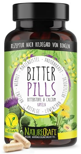 Bitter Pills - Bitterstoff Kapseln mit Mariendistel + Artischocke + Löwenzahn + Calcium aus der Rotalge + Enzian + Andorn + Wermut - vegan, hochdosierte Rezeptur nach Hildegard von Bingen, 90 Kapseln