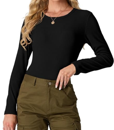 IWOLLENCE Basic Tops Women Ribbed Knit Round Neck Long Sleeve T Shirts Women Basic T-Shirt Y2k Slim fit Tee Tops (Black, XL)