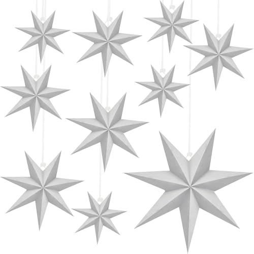 10 Pack 18 Inch/ 14 Inch/ 12 Inch/ 10 Inch Christmas 3D Paper Stars 7 Pointed White Hanging Paper Star Lanterns Lampshade for Christmas Wedding Birthday Party Home Decorations, 4 Size
