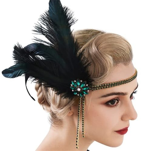 HIQIU 1920er Jahre Haarschmuck Damen - Flapper Kopfband mit Federn und Kristallen Gatsby Kopfschmuck Stirnband Feder Headpiece (Grün, Einheitsgröße)