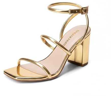 DREAM PAIRS Women Heels Chunky Square Open Toe Strappy Ankle Strap Block High Heeled Sandals for Dressy Wedding Comfortable Shoes,Size 7.5,Gold,DWUMHS2529
