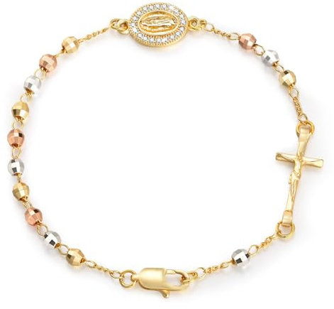 Catholic Crucifix Gifts Rosary Bracelet for Women-14K gold plated Virgin Mary Jesus Cross Charm Link Chain, Dainty Virgen de Guadalupe Religious Gift for Confirmation Baptism First Communion Easter