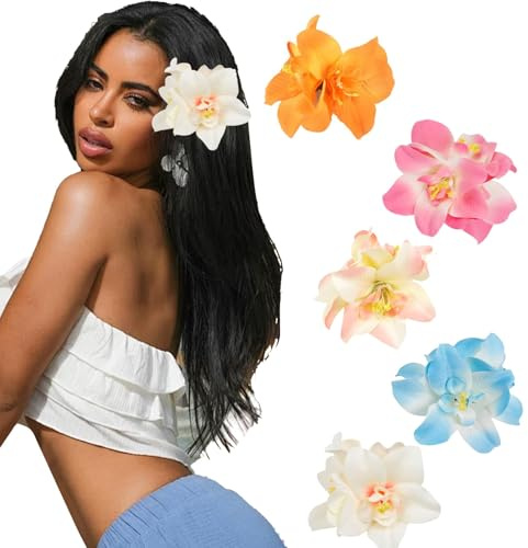 Glimmer Style 4 x Hawaiian Flower Hair Clips For Women, 8.9 cm, Artificial Tropical Hair Clip, Hibiscus Claw Clip, Beach Holiday, Party, Boho Hair Accessories for Women and Girls, 5 Double Orchid