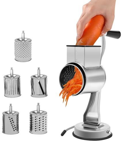 PBTERDTF Manuelle Kartoffelreibe Gemüseheobel 403 Edelstahl Trommelschneider Nussmühle KäSereibe Multifunktion Küchen Reibe mit 5 Trommeln für Käse, Gurken, Karotten, Kartoffeln (Tischtyp)