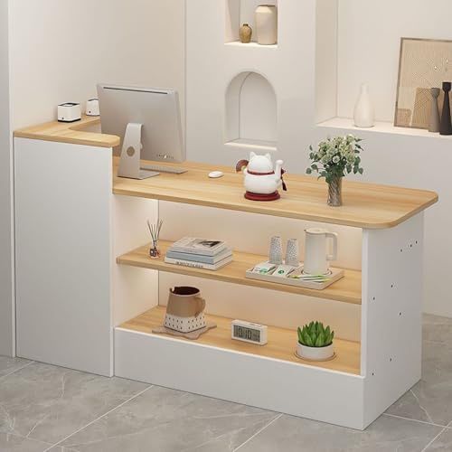 Modernt receptionsskrivbord med lådförvaring, liten detaljhandelsbänk öppna hyllor främre bänkbord för lobbyer, salonger, detaljhandel, hemmakontor, höger skåp