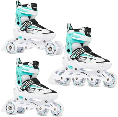 RAVEN Profession 3in1 Inline Skates Pattini in linea Triskates Pattini a rotelle per bambini e adulti regolabili (White/Mint, 31-35 (20,5cm-23cm))
