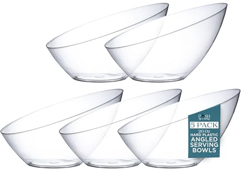 Posh Setting Crystal Clear, Disposable Premium Hard Plastic Medium Angled Bowl, Party, Salad, Snack and Fruit Bowl 5 Pack