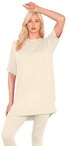 janisramone® Womens Short Sleeve Tunic T Shirts, Round Neck Oversized T Shirts for Women UK, Soft Comfortable Pj Dress, Perfect Summer Longline Ladies Tops Stone