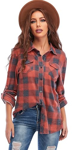 Women Cuffed Long Sleeve Boyfriend Button Down Plaid Flannel Shirt