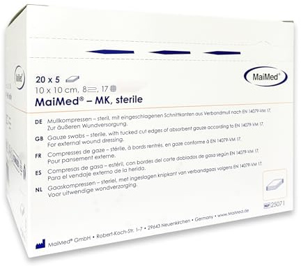 Compresse sterili 10x10 cm – 100 pezzi Compresse di garza a 8 strati, prive di pelucchi – Tamponi di garza sterili e medicazioni non adesive per bendaggi e cure