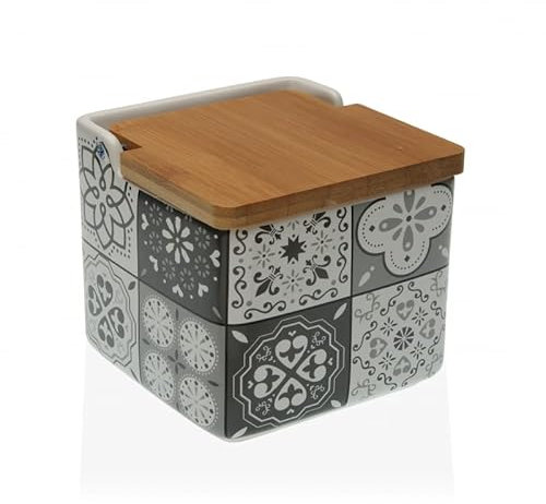 D,casa - Saliera da cucina in ceramica con coperchio in legno disegni originali Mosaico bicolore - Mosaico grigio