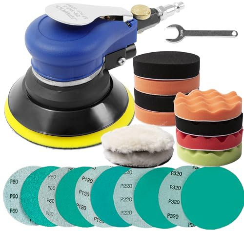 UPWOOD 5 Inch Air Random Orbital Sander, Non-Vacuum 125mm Pneumatic Palm Sander with 8 Sponge & 2 Wool Polishing Pads, 10 Green Sandpapers (60–320 Grit, Dry/Wet Use)