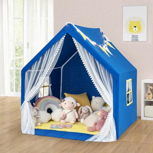 Costzon Kids Tent, Toddler Indoor Outdoor Playhouse w/Windows, Washable Cotton Mat, Star Lights, Hanging Flags & Storage Pocket, Large Play Tent for Boys Girls Holiday Birthday Gift (Blue & Yellow)