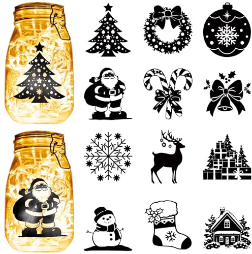 CREATCABIN 12 pz Sagome di Natale Decorazioni per Barattoli di Vetro Sagome Fustellate al Laser in PVC Ritagli di Alci Scrapbook Silhouette in Cartone Ornamenti per Barattoli Lanterna Vetro 10x9cm
