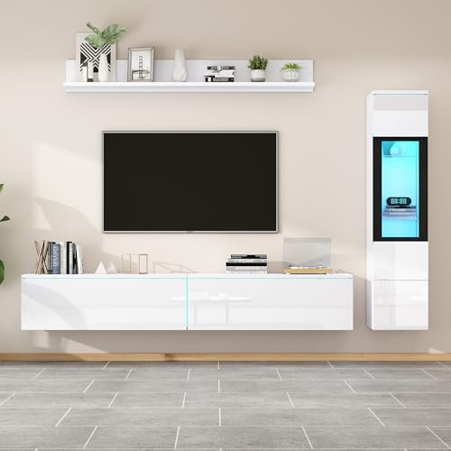 BNUZ Set di 3 mobili per soggiorno, TV, illuminazione LED, colore: bianco brillante, 1 armadio, 1 mensola sospesa, 1 vetrina