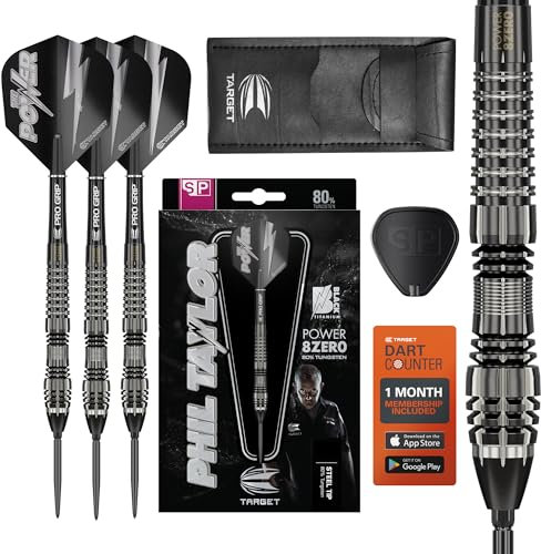 Target Darts Phil Taylor Power 8-Zero 4 Black Steel Tip Swiss Point Darts, 80% Tungsten Dart Set, P8Z4, 25G | Player Edition Darts with Swiss Points, SP Tool, Black Darts Case Included