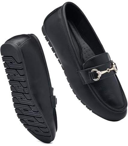 COOL Coser C Weite Loafers für Damen, leger, Flacher Slipper, Bequeme Penny-Loafers mit Fußgewölbeunterstützung, Elegante Mokassins, Schwarz (Black Pu), 46 EU