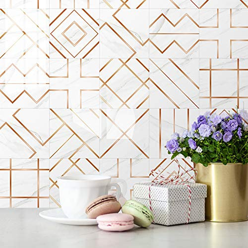 Bathroom Kitchen Tile Stickers,Rose Gold Geometry Stick on Tiles Peel and Stick Self Adhesive Wall Vinyl Home Decors DIY Waterproof Oilproof Backsplash(10 Pcs/20x20cm)