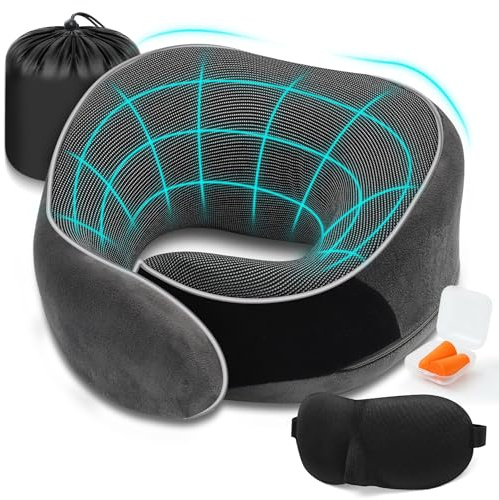 Zepphi Almohada de Viaje Cuello - Cojín de Viaje Viscoelástica de Espuma Memoria para Avión, Coche y Tren - Soporte Ajustable 360° y Laterales Altos - con Máscara de Ojos, Tapones y Bolsa