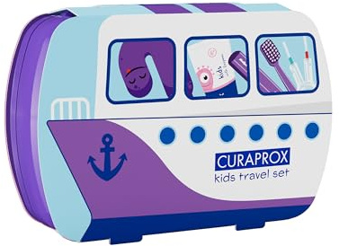 Curaprox Kids Travel Set – Toothbrush, Toothpaste & Interdental Brushes | Ultra-Soft Curen® Filaments | Compact Travel Set for Children (Purple) | Made in Switzerland