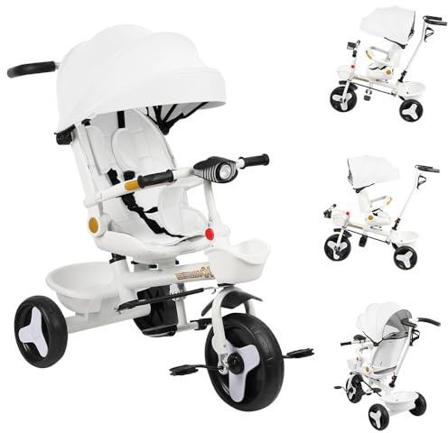 Triciclo para bebé con asiento giratorio de 360°, bicicleta, 2 años – cochecito, 1 – 5 años o 25 kg – luz, almacenamiento, capota extensible y asa para padres (blanco, 81 x 60 x 95 cm)