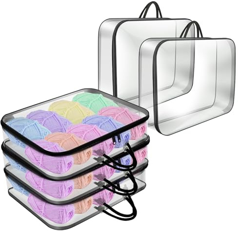 BAODBF 5 pezzi di stoccaggio del filato,Custodia in plastica trasparente antipolvere con cerniere e maniglia,Porta abiti portatile e organizzazione per gomitoli di lana, altri utensili a maglia