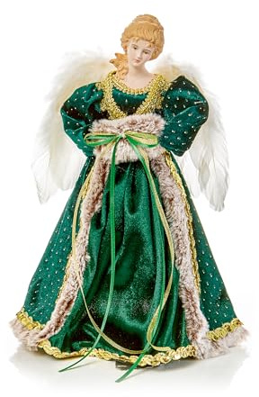 Premier Cimier d'ange vert émeraude de 30 cm avec visage en porcelaine, ailes à plumes et détails à pois dorés – Décoration élégante pour sapin de Noël