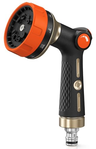 RAINPOINT Gartenbrause, Metall Garten Handbrause mit 10 Bewässerungsmuster, Mühelose Wasserfluss-Regelung, Hochdruck Gartenschlauch Spritze für Bewässerung, Autowaschen, Orange