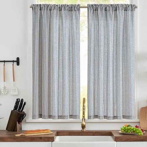 TOPICK Striped Kitchen Curtains, Linen Cafe Curtains, Blue W50xL54, 2 PCS | Rod Pocket Curtains, Light Filtering Privacy Drapes for Bathroom, Bedroom, Sink, Basement, Caravan, Cupboard, Living Room