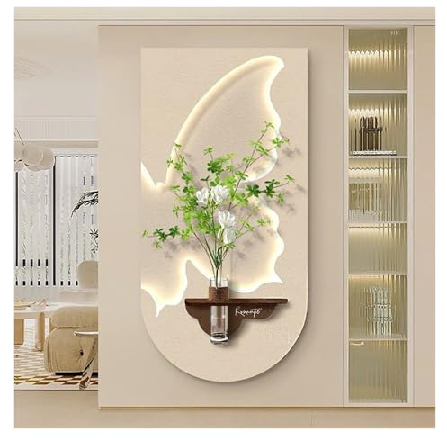 Qxgylz Quadro Murale in Arenaria con Farfalla LED, Arte da Parete 3D A LED, Decorazione Murale LED, Scultura Murale con Vaso Idroponico E Piante Artificiali per Ingresso(A,80x40cm/31.5x15.7in)
