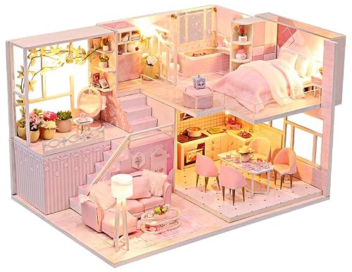 CUTEROOM Maison Miniature de Poupée DIY avec Éclairage LED et Boîte à Musique, Maquette en Bois 3D Kit de Construction Adulte & Ado, Décoration de Chambre
