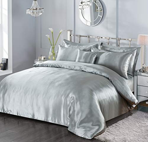 7 Piece Satin Sheets Super Soft Shiny Bedding Sets, 1 x Duvet Cover, 1 x Fitted Bed Sheet, 4 x Pillow Cases, 1 x Cushion Cover, Full Complete Bed Set (Silver, King)